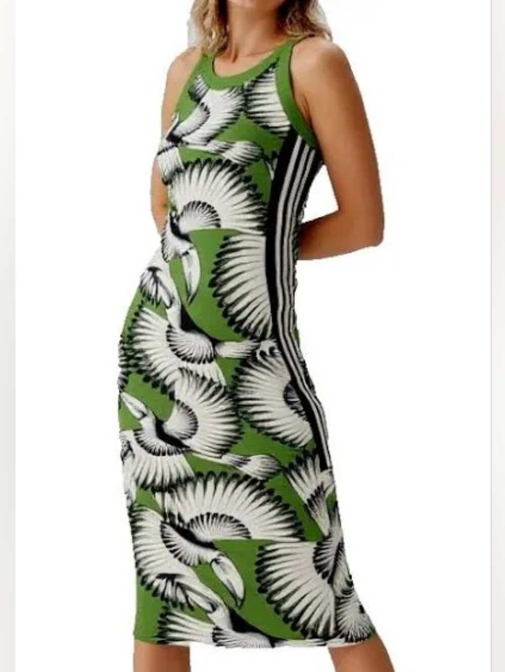 adidas x farm rio green floral printed midi dress race back SZ L Nwt